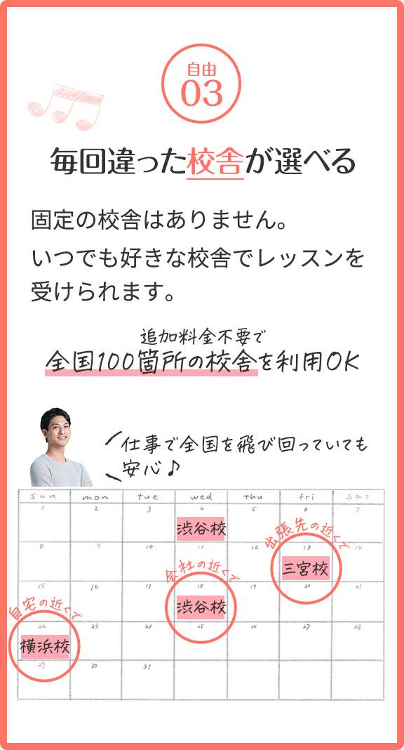 毎回違った校舎が選べる