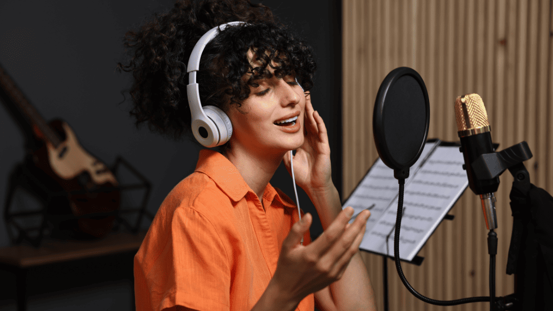 ヘッドホンをしながら歌う女性
