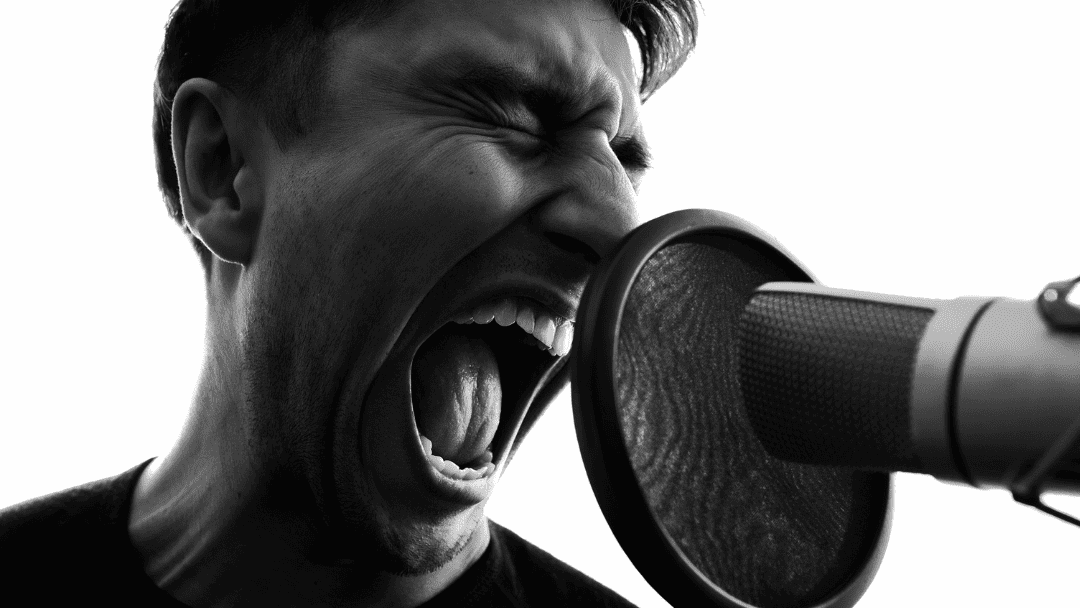 マイクとポップガードを前に叫ぶ男性