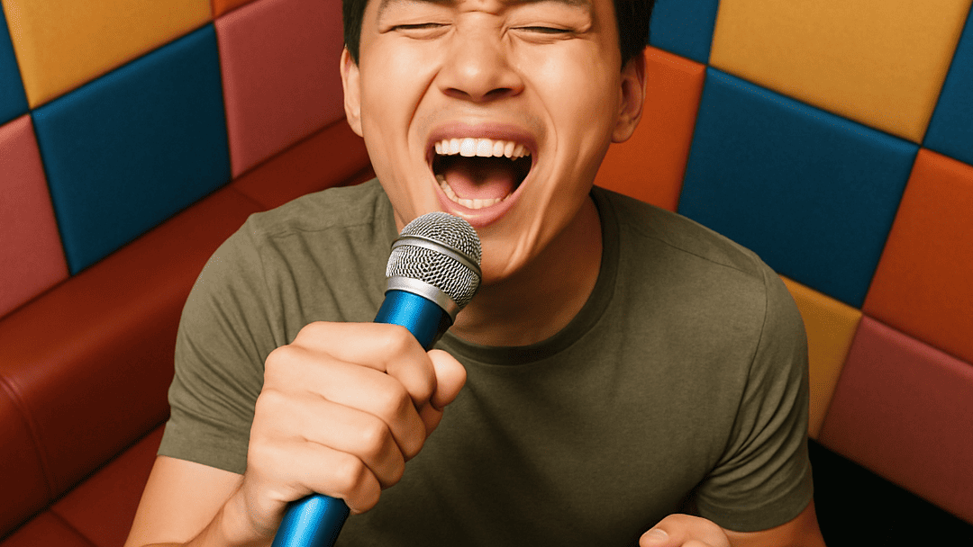 マイクを持って熱唱する男性